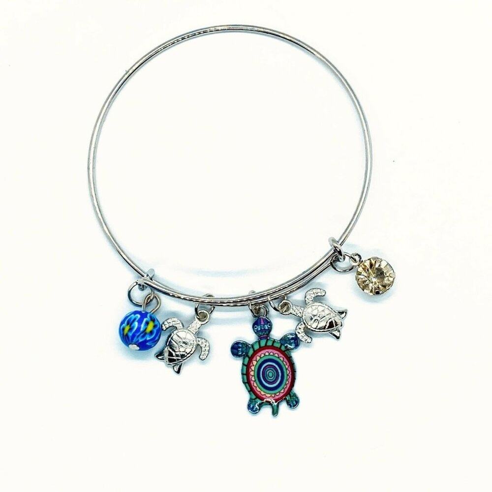 Beaded Sea Turtle Charm Colorful Bangle Bracelet